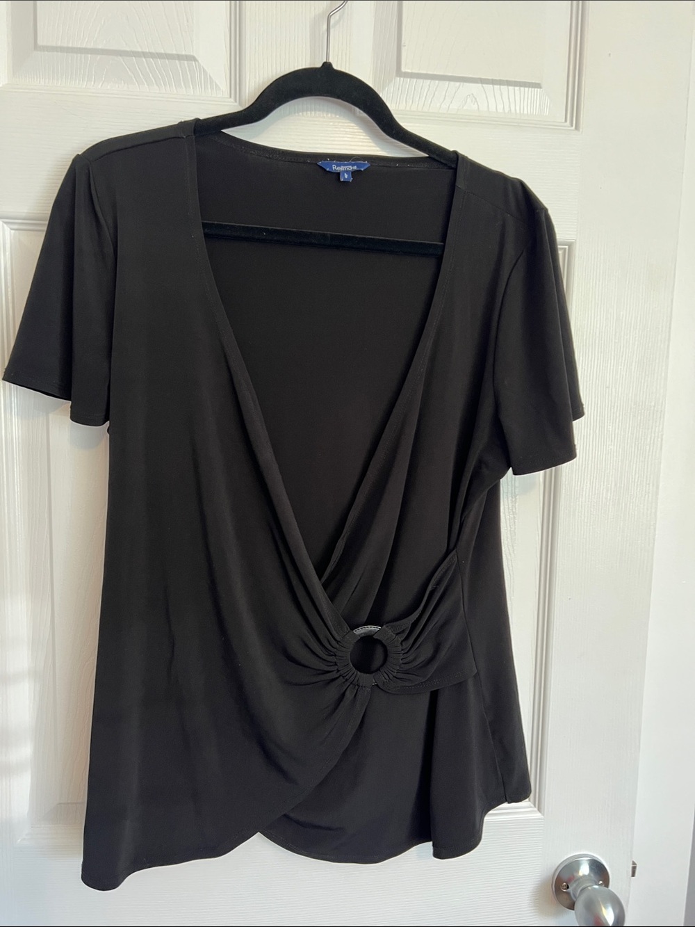 Reitmans Black Short-Sleeve Faux-Wrap Top with Ring Detail